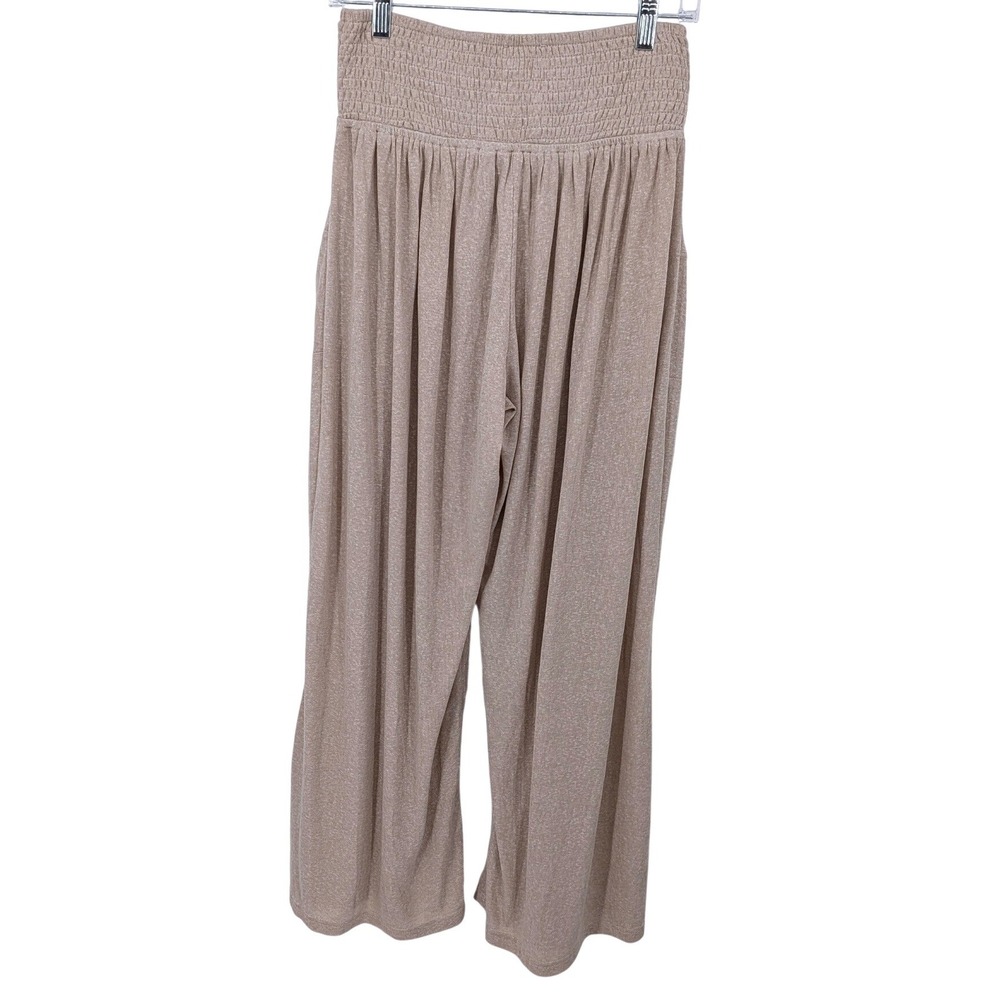 Blu Ivy Wide Leg Pants Women Medium‎ Beige Smocked Waist Boho Baggy Lagenlook